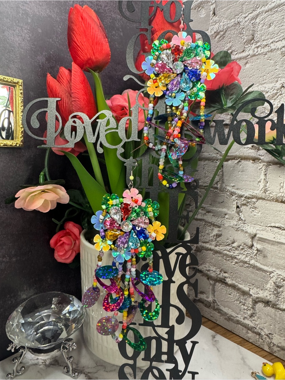 Colorful Floral Beaded Statement Earrings - Multicolor